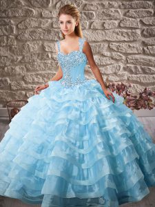 Wonderful Blue Lace Up Straps Beading and Ruffled Layers Sweet 16 Dress Organza Sleeveless Court Train