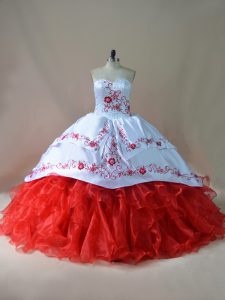 Noble Satin and Organza Sweetheart Sleeveless Court Train Lace Up Embroidery Sweet 16 Dress in White And Red