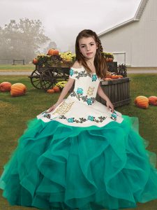 Teal Sleeveless Floor Length Embroidery Lace Up Kids Pageant Dress