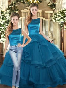 Exceptional Teal Lace Up Scoop Ruffles 15th Birthday Dress Tulle Sleeveless