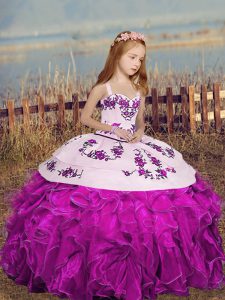 Fuchsia Lace Up Straps Embroidery and Ruffles Little Girls Pageant Dress Organza Sleeveless