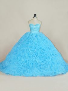 High End Organza Sweetheart Sleeveless Court Train Lace Up Beading and Ruffles Quince Ball Gowns in Baby Blue