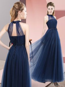 Customized Navy Blue Empire Beading and Appliques Quinceanera Court of Honor Dress Lace Up Tulle Sleeveless Floor Length