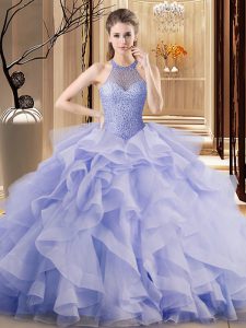 Gorgeous Lace Up Ball Gown Prom Dress Lavender for Sweet 16 and Quinceanera with Ruffles Brush Train