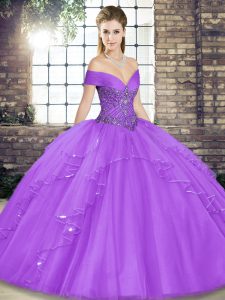 Trendy Lavender Sleeveless Beading and Ruffles Floor Length Ball Gown Prom Dress