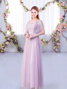 Floor Length Side Zipper Dama Dress Lavender for Wedding Party with Lace and Belt