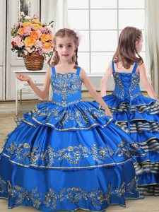 Royal Blue Sleeveless Floor Length Embroidery and Ruffled Layers Lace Up Little Girls Pageant Dress Wholesale