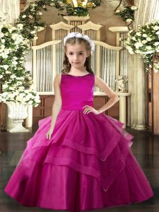 Sleeveless Tulle Floor Length Lace Up Little Girls Pageant Gowns in Fuchsia with Ruffled Layers