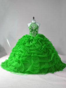 Flare Beading and Pick Ups Sweet 16 Quinceanera Dress Green Lace Up Sleeveless Court Train