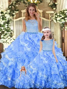 Scoop Sleeveless Quinceanera Gowns Floor Length Lace and Ruffled Layers Light Blue Organza