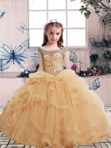 Hot Sale Peach Kids Pageant Dress Party and Military Ball and Wedding Party with Beading and Ruffles Off The Shoulder Sleeveless Lace Up