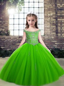 On Sale Off The Shoulder Sleeveless Little Girls Pageant Dress Floor Length Beading Tulle