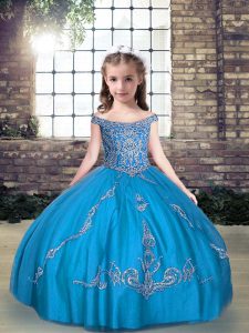 Stylish Floor Length Ball Gowns Sleeveless Aqua Blue Child Pageant Dress Lace Up