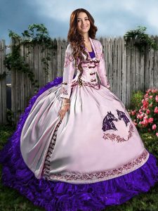 Customized White And Purple Lace Up Quince Ball Gowns Embroidery and Ruffles Sleeveless Floor Length