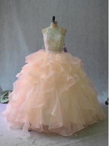 Colorful Sleeveless Beading and Ruffles Backless Sweet 16 Dress with Peach