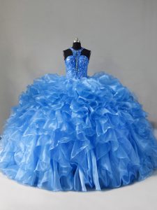 Beading and Ruffles Quince Ball Gowns Blue Zipper Sleeveless Brush Train