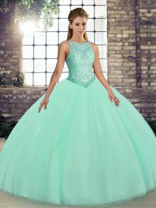 Gorgeous Apple Green Ball Gowns Tulle Scoop Sleeveless Embroidery Floor Length Lace Up Vestidos de Quinceanera