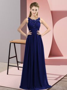 Navy Blue Chiffon Zipper Scoop Sleeveless Floor Length Damas Dress Beading and Appliques