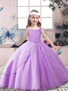 Trendy Off The Shoulder Sleeveless Tulle Little Girls Pageant Gowns Beading Lace Up