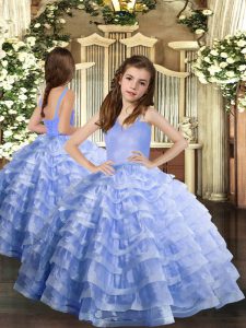 Lovely Sleeveless Organza Floor Length Lace Up Child Pageant Dress in Lavender with Ruffled Layers