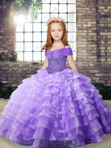 Lavender Pageant Gowns For Girls Straps Sleeveless Brush Train Lace Up