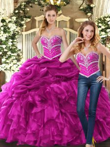 Floor Length Lace Up Sweet 16 Dress Fuchsia for Sweet 16 and Quinceanera with Beading and Ruffles and Pick Ups