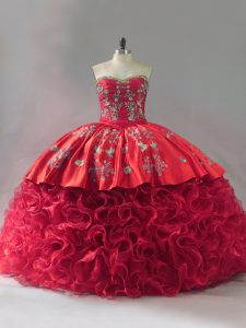 Excellent Sleeveless Brush Train Lace Up Embroidery Quince Ball Gowns