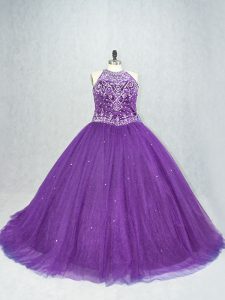 Custom Design Purple Quinceanera Gown Scoop Sleeveless Brush Train Lace Up