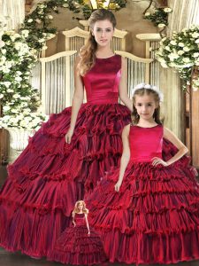 Wine Red Organza Lace Up Quinceanera Gown Sleeveless Floor Length Ruffled Layers