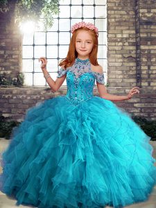 Ball Gowns Little Girls Pageant Dress Aqua Blue Halter Top Tulle Sleeveless Floor Length Lace Up