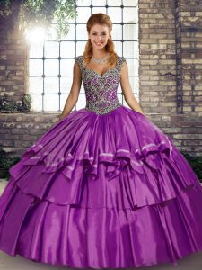 New Style Floor Length Purple Quinceanera Dresses Taffeta Sleeveless Beading and Ruffled Layers