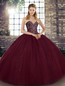 Burgundy Tulle Lace Up 15th Birthday Dress Sleeveless Floor Length Beading