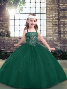 Lovely Floor Length Green Little Girls Pageant Gowns Tulle Sleeveless Beading