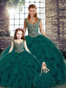 Beading and Ruffles Sweet 16 Dress Peacock Green Lace Up Sleeveless Floor Length