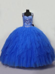 Ball Gowns Quinceanera Gown Blue Straps Tulle Sleeveless Floor Length Lace Up