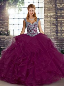 Most Popular Fuchsia Lace Up Straps Beading and Ruffles 15th Birthday Dress Tulle Sleeveless