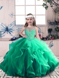 Fantastic Green Sleeveless Floor Length Beading and Ruffles Lace Up Little Girls Pageant Dress