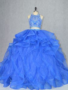 Custom Design Beading and Ruffles Quinceanera Gown Blue Backless Sleeveless Court Train