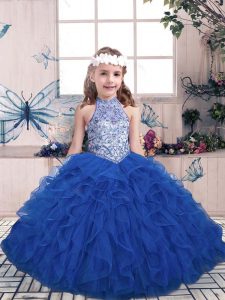 Floor Length Ball Gowns Sleeveless Blue Little Girl Pageant Gowns Lace Up