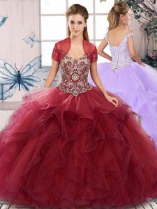 Smart Sleeveless Tulle Floor Length Lace Up Quinceanera Dresses in Burgundy with Beading and Ruffles