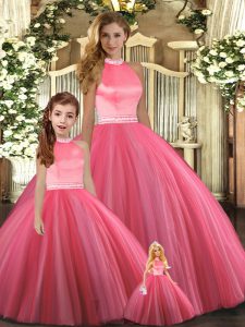 Custom Made Tulle Halter Top Sleeveless Backless Beading Quinceanera Dresses in Coral Red