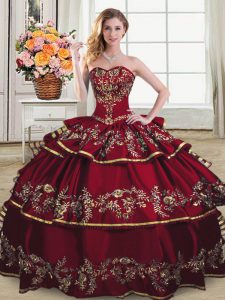 Wine Red Sweetheart Neckline Embroidery and Ruffled Layers Quinceanera Gowns Sleeveless Lace Up