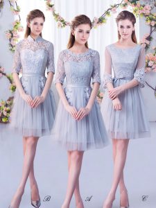 Spectacular Half Sleeves Tulle Mini Length Lace Up Quinceanera Dama Dress in Grey with Lace