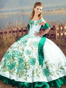 Fitting Satin and Organza Off The Shoulder Sleeveless Lace Up Embroidery and Ruffles Ball Gown Prom Dress in Green