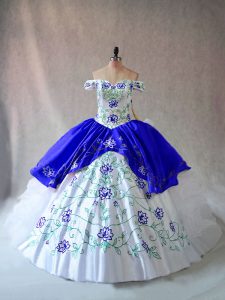 Wonderful Blue And White Sleeveless Embroidery and Ruffles Floor Length Sweet 16 Quinceanera Dress