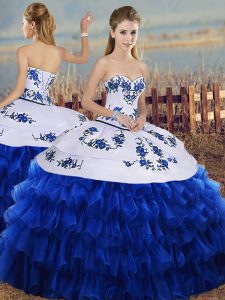 Elegant Royal Blue Sleeveless Floor Length Embroidery and Ruffled Layers Lace Up Quinceanera Gowns