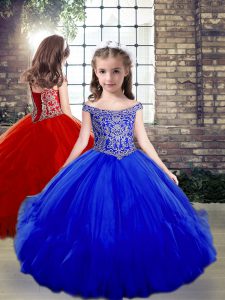 Royal Blue Ball Gowns Tulle Off The Shoulder Sleeveless Beading Floor Length Side Zipper Child Pageant Dress