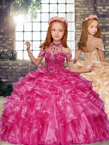 Unique Hot Pink Ball Gowns High-neck Sleeveless Organza Floor Length Lace Up Beading and Ruffles Little Girl Pageant Gowns