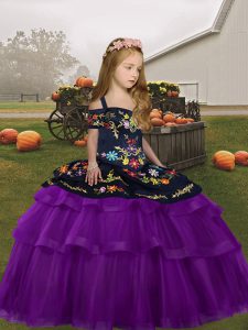 Tulle Sleeveless Floor Length Pageant Gowns For Girls and Embroidery and Ruffled Layers