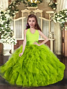 Fancy Sleeveless Tulle Floor Length Lace Up Little Girls Pageant Gowns in Green with Ruffles